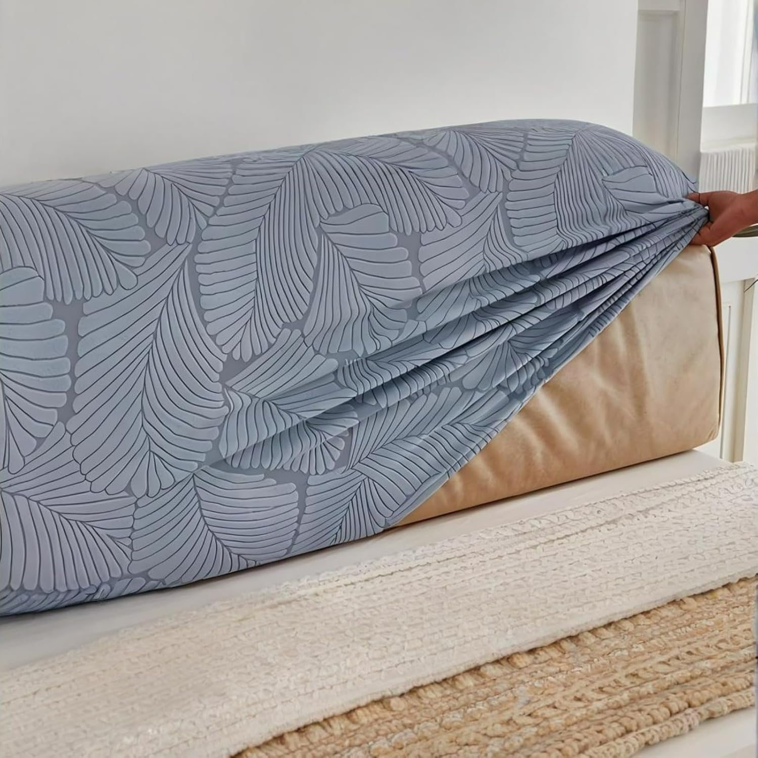 Embossed Leaf Stretch Bed Headboard Slipcover Stretch Dustproof for Queen Cal King Size Bed Headboard Cover Bed Protector Slipcover Light Gray Cal King:180cm/71in