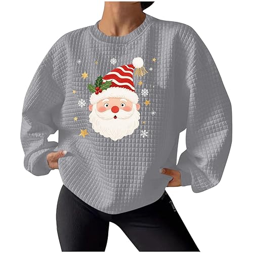 Women Christmas Sweatshirt Waffle Knit Sweater Retro Santa Graphic Long
