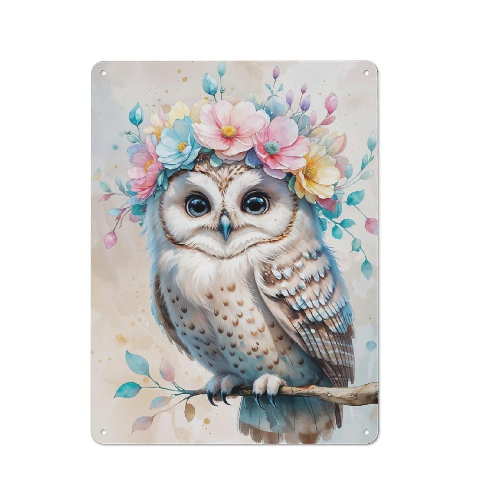 Junmoney Owl With Flower Crown Watercolor Retro Printed Metal Sign 40X30cm For Kitchen Or Home Bar, For Garage, Workshop And Man Cave Decoration