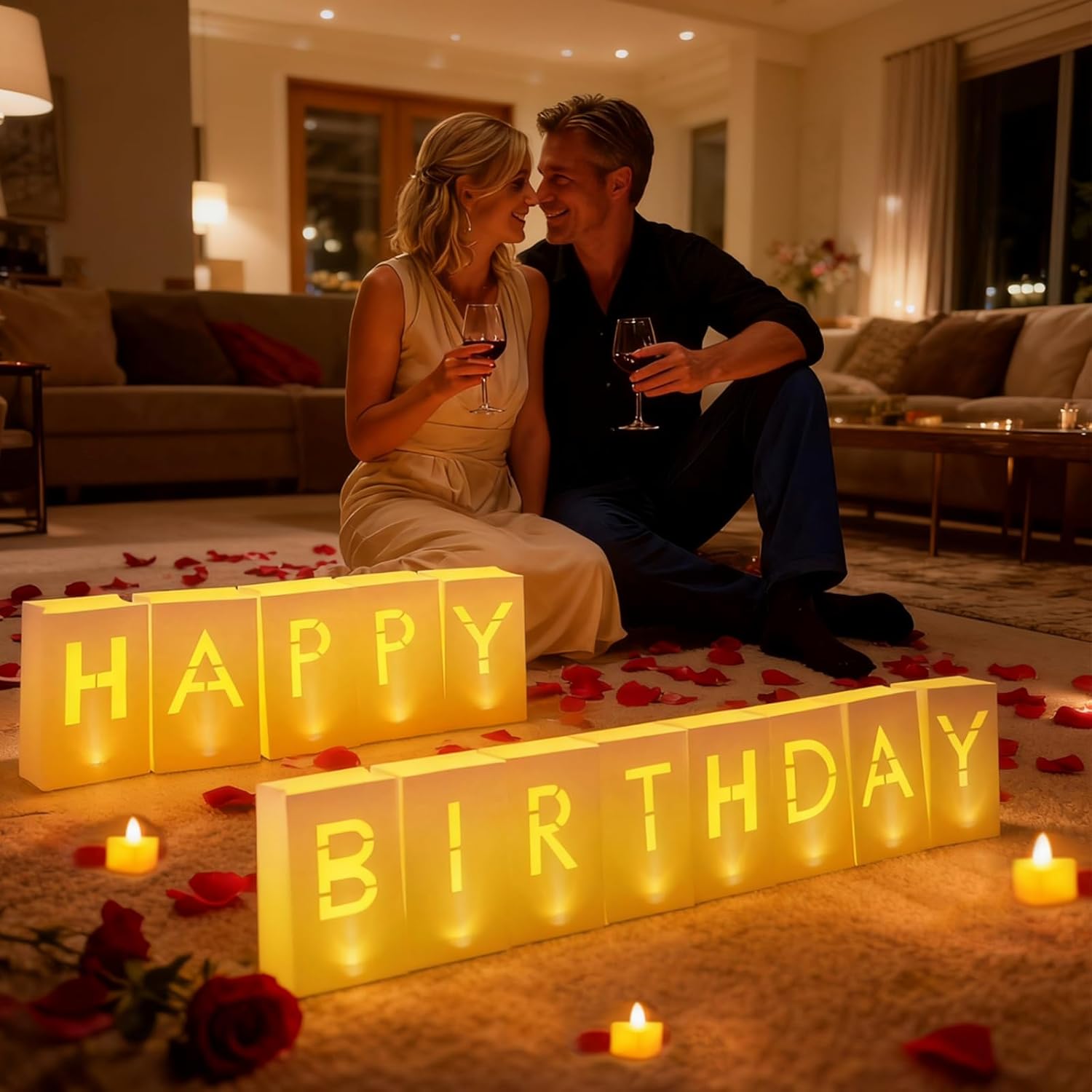 Happy Birthday Decoration for Men Women, Valentine’s Day Light Up Letters Luminary Bags with 30 Bright LED Candles, 2000 Rose Petals, 10 Balloons, Surprise Birthday Party Banner Signs