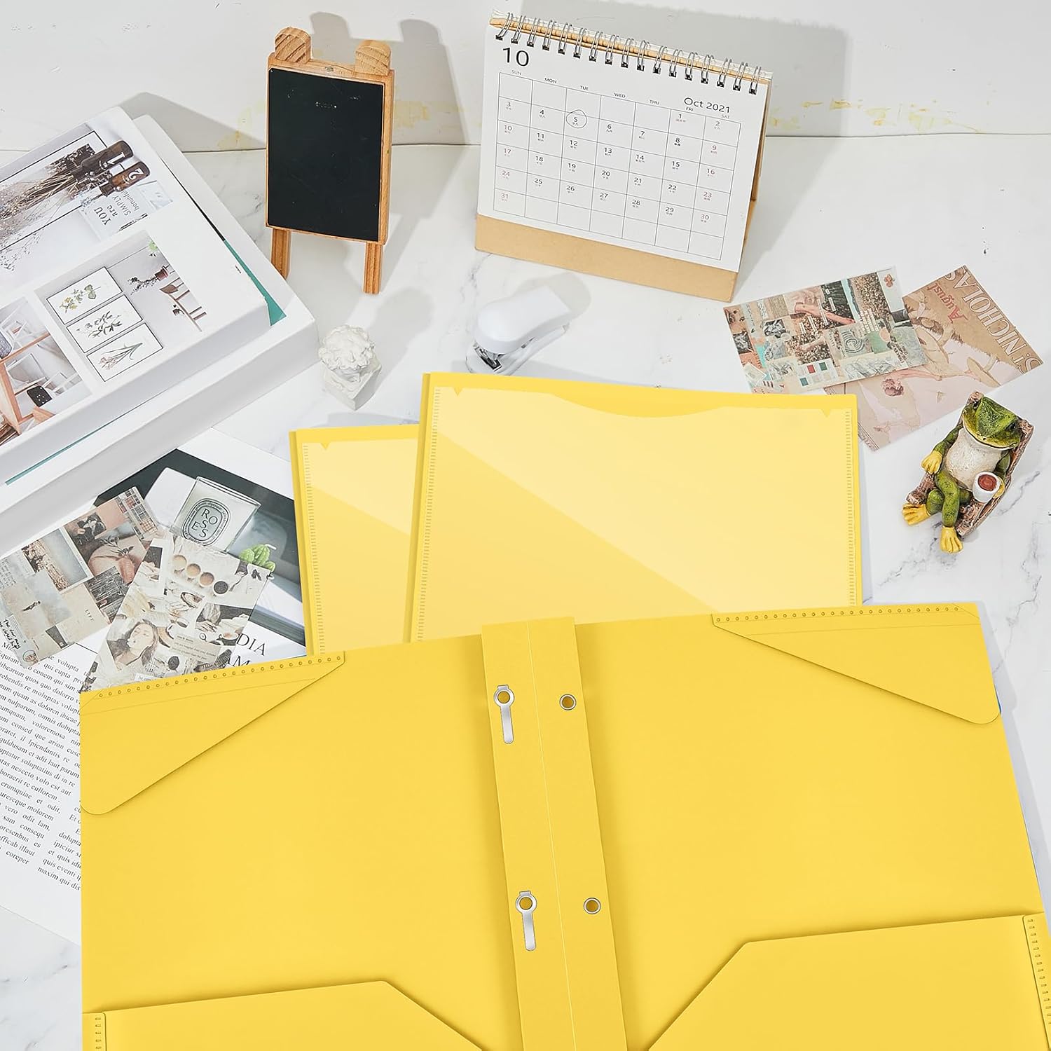 Henoyso 18 Pcs Plastic Folder with Clear Front Pocket and 3 Prong Plastic Folders with Card Slot Pocket Folders with Prongs for School Office (Yellow)