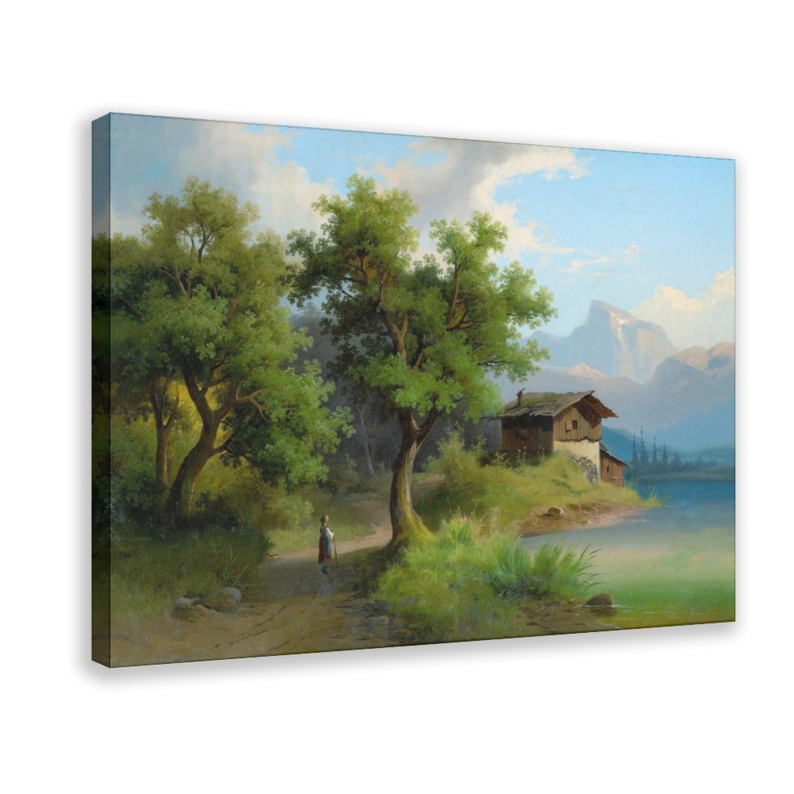 DFJyjFGJJ West European Painter,Alpine Landscape,Lakeside Cabin View Canvas Poster Bedroom Sports Landscape Office Room Decor Gift 24" L X 36" W