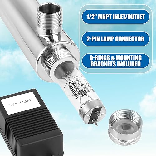 Miniatura 5 de Ozmosis Filtro purificador de agua ultravioleta para toda la casa, 55 W, unidad UV de acero inoxidable de 120 V, entrada/salida MNPT de 1/2 pulgada,