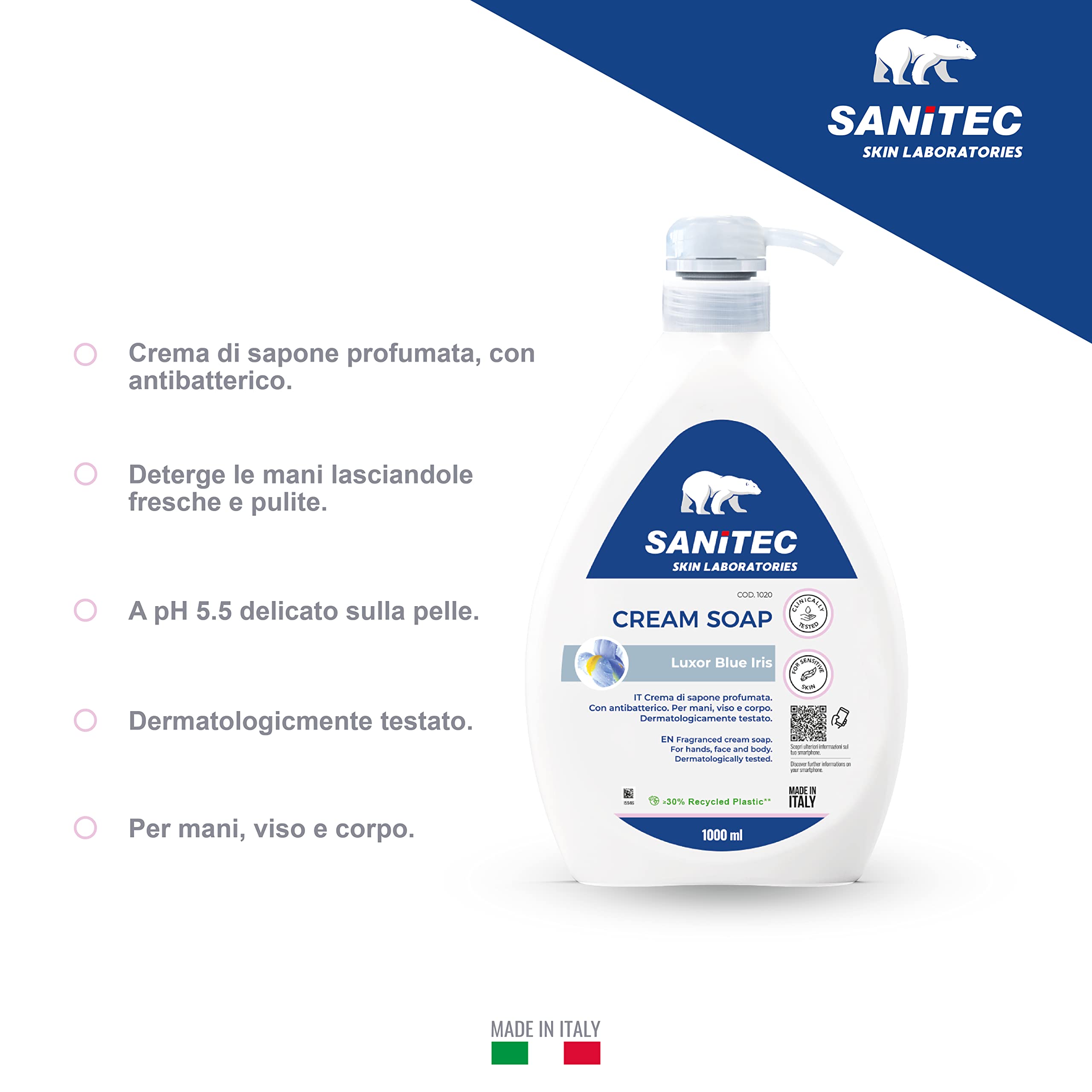 SANITEC igiene sicura Luxor Blue Iris, Crema di Sapone Profumata Idratante con Glicerina e Antibatterico, Deterge le Mani, pH 5.5, Dermatologicamente Testato, Made in Italy, 6 Flaconi da 1L 6000ml