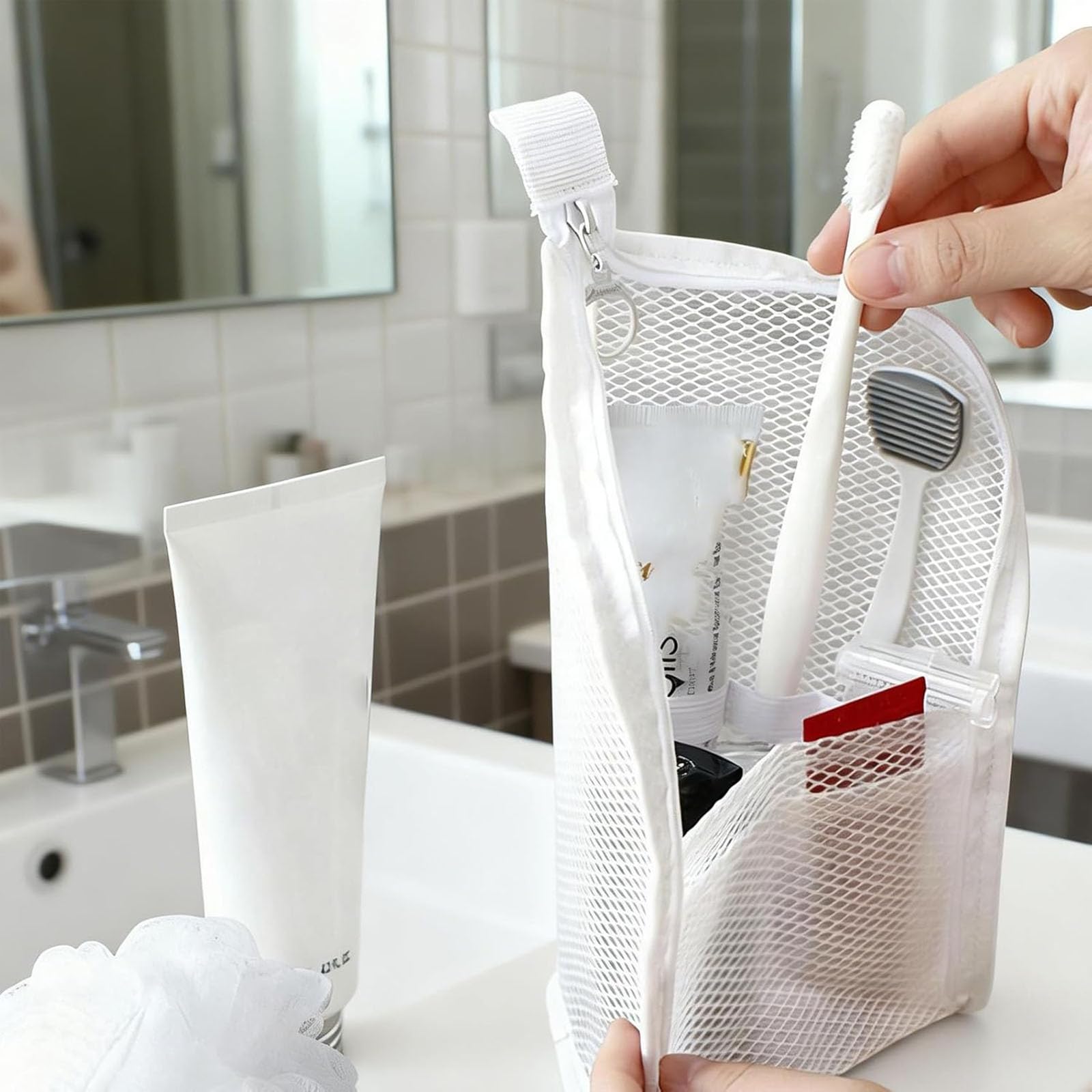 Neceser de pie portátil de malla EVA, organizador de cosméticos independiente, impermeable, plegable, transparente, para viajes, almacenamiento de cepillos de dientes de baño