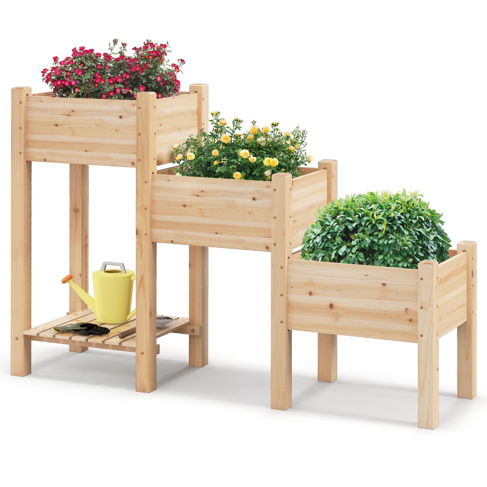 S AFSTAR 3-Tier Wooden Raised Garden Bed, Elevated Garden Planter with 3 Planter Boxes, Open Storage Shelf, Drainage Holes, Outdoor Vertical Plant Container for Vegetables Flowers Herbs Growing