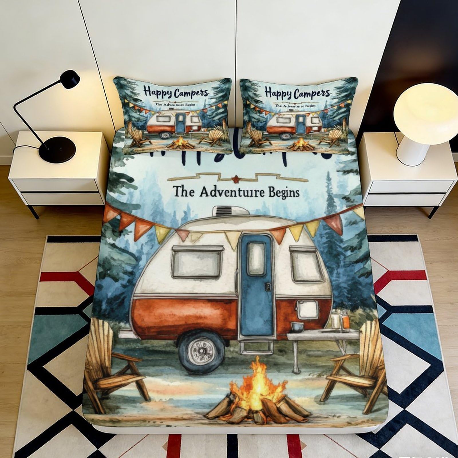 Dhbaneiok Style-9 3D Printed Camping Caravan Fitted Sheet Microfiber Forest Campfire Bed Cover For Bedroom Guest Dorm Decor 90X200x25cm