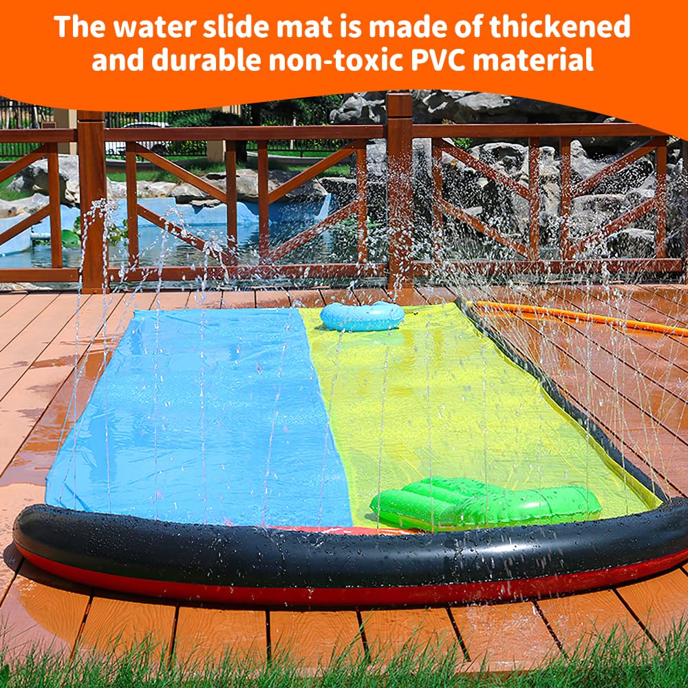 Toboggan aquatique de 480 cm, toboggans d'eau pour pelouse pour enfants avec 2 voies de course et 2 planches de carrosserie, toboggan aquatique glissant, tapis de toboggan aquatique, double