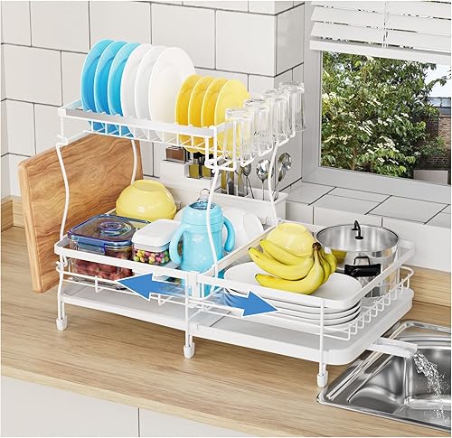 YKLSLH Expandable Dish Drying Rack, 2 Tier Large Drying Rack for Kitchen Counter with Drainboard, Glass Holder, Utensil Holder-Dish Drainers (White)