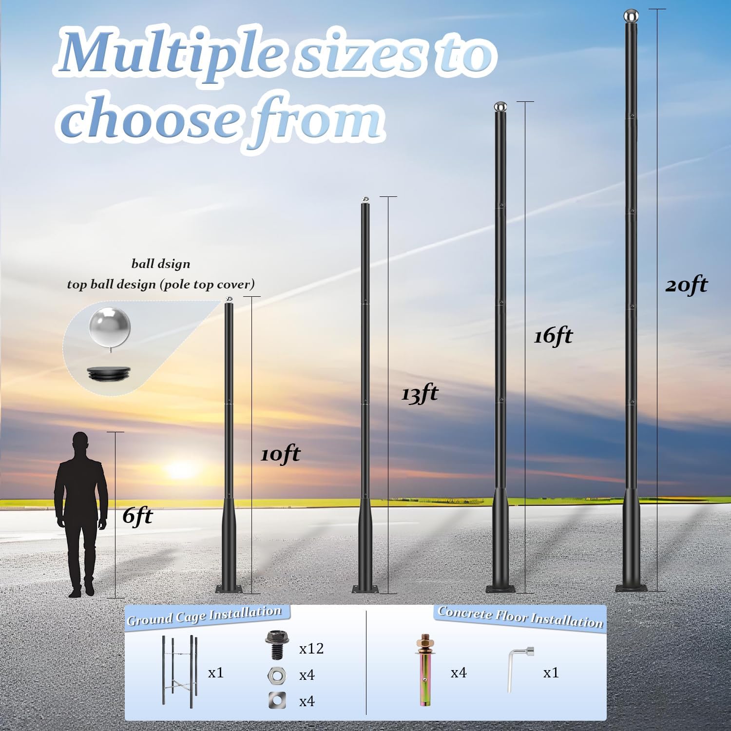 16ft Outdoor Street Light Pole - Galvanized Steel Lamp Post with Mounting Rebar Cage, Adjustable Height Heavy Duty for Parking Lot, Patio, Courtyard & Residential Areas (Black)