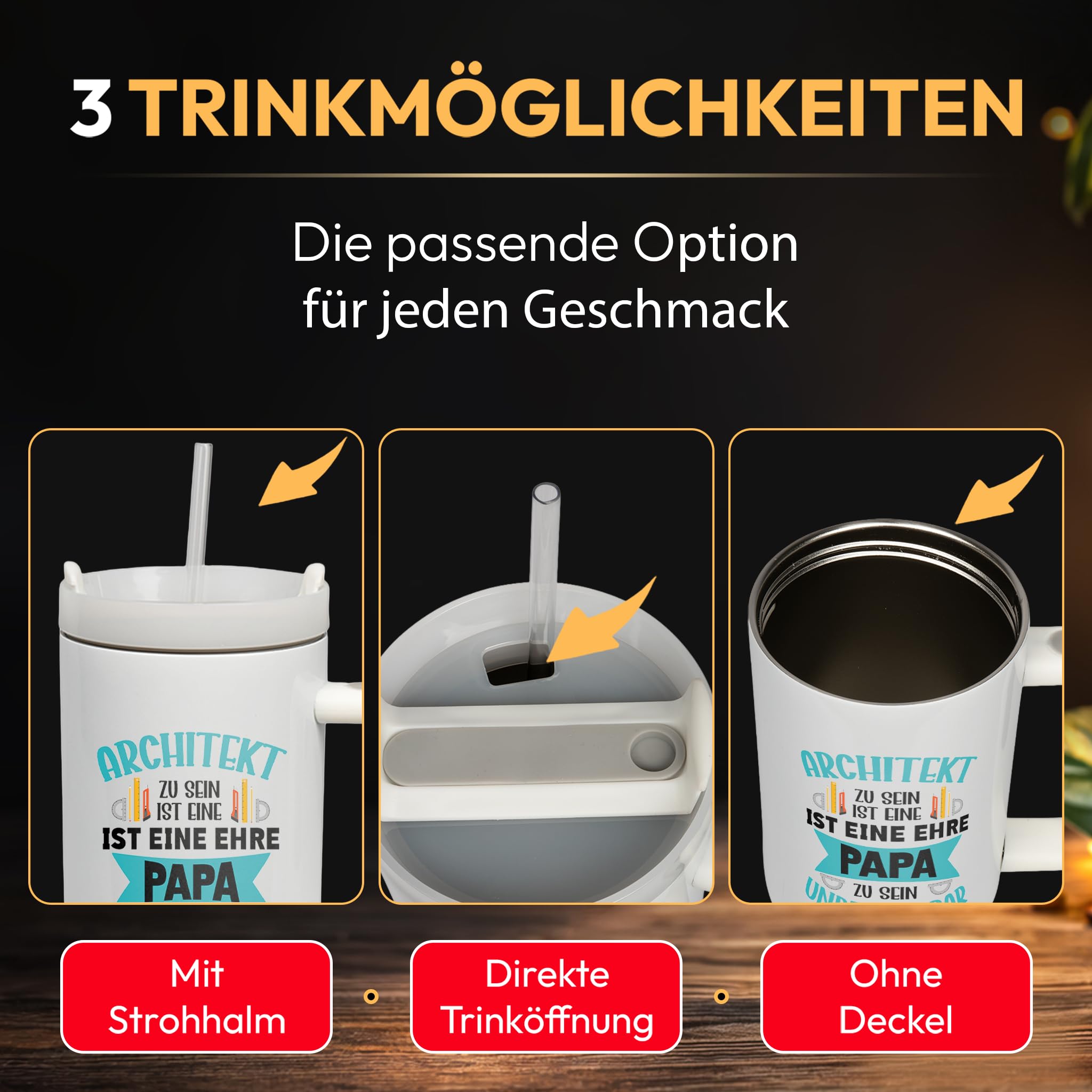 XXL Thermobecher für Papa & Architekten – Geschenk zum Vatertag & Geburtstag – Edelstahl Trinkflasche, Weiß mit Architekt Papa Spruch (WIEDERVERWENDBAR)