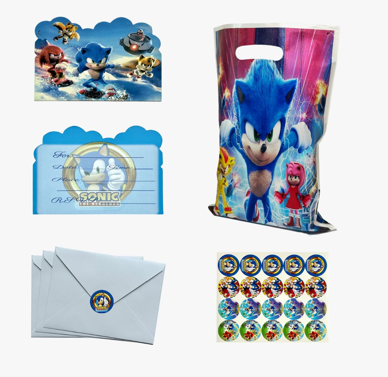 Rovercci 20 Sonic invitation card & 20 white envelopes with 20 Sonic stickers and 20 Sonic Goodie Bags party favor with handles for birthday party decoration