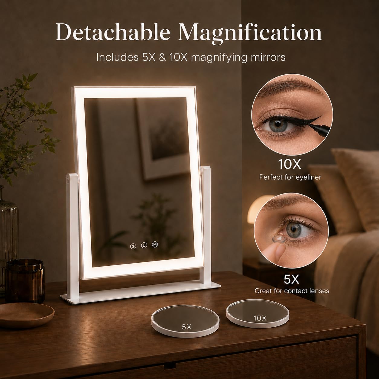 Decadence Espejo de maquillaje LED de 17.3 pulgadas con luces para mujeres y mamá, lupas desmontables 10X/5X, 3 modos de color, control táctil regulable, rotación de 360 grados, espejo cosmético de