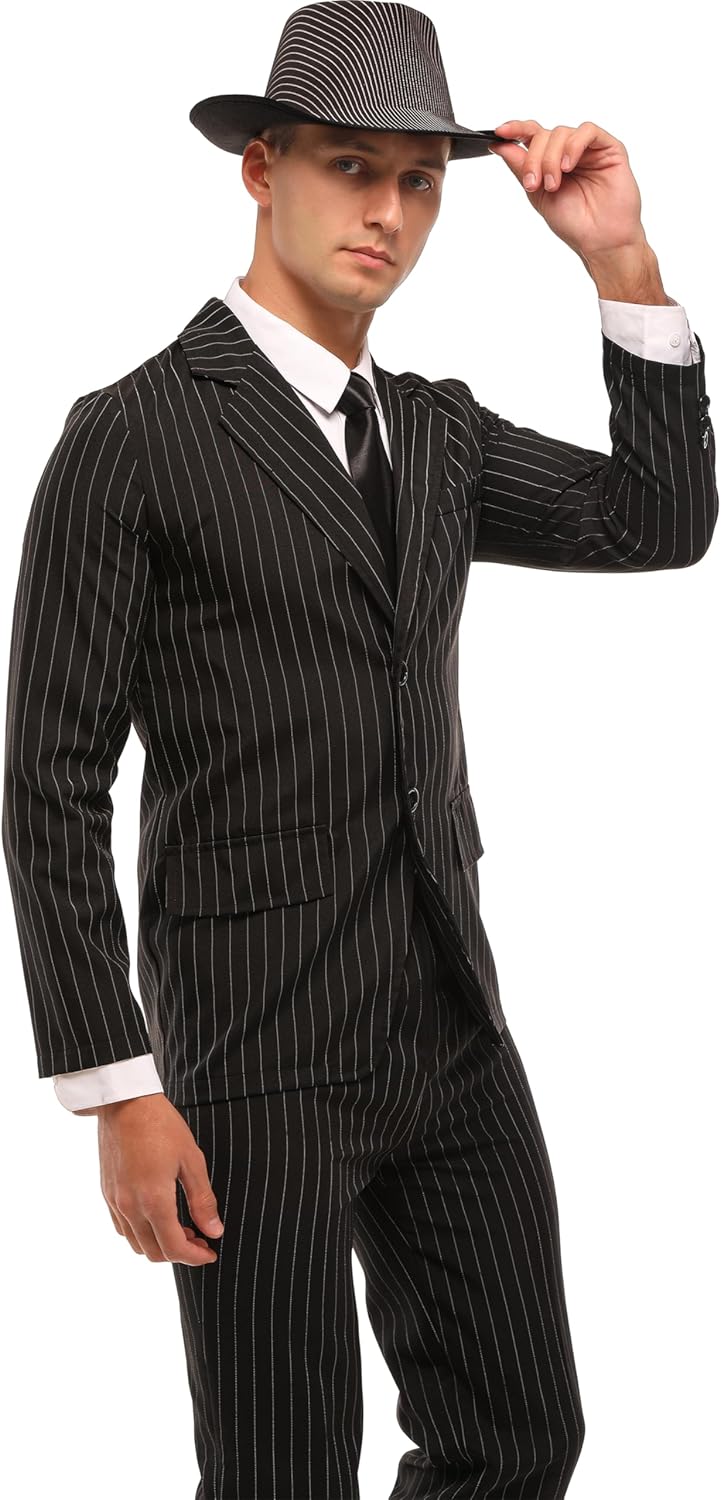 Leadtex 1920's Gangster Costume for Men,Mob Boss Costume for Men,Pinstriped Halloween Suit Include Jacket,Pants and A Tie - Image 3