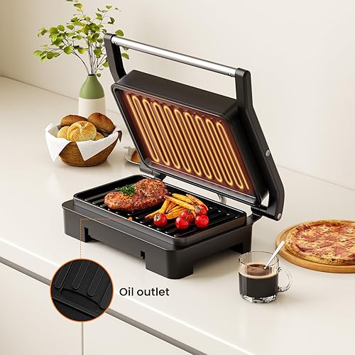 Miniatura 5 de Panini Press Sandwichera, parrilla eléctrica para interiores y panini con platos recubiertos antiadherentes, superficie de rejilla para huevos,