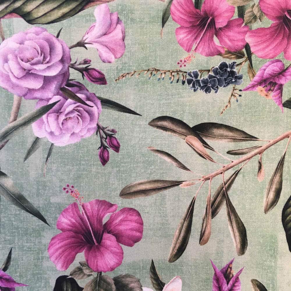 Kt KILOtela - Digital Printed Canvas Duck Fabric, Cotton, Upholstery, Headboards, Accent Pillows, Handbags, Tote Bag, Window Treatments, 1 Yard, 36" Length x 110" Width, Flower, Nacare, Green, Purple