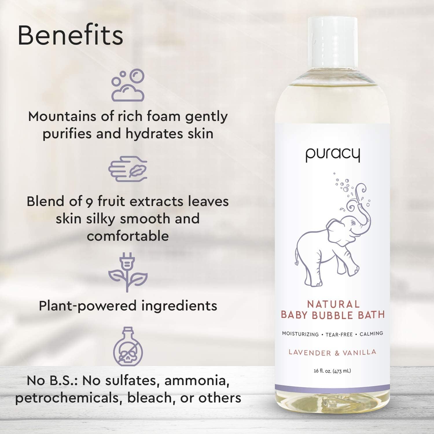 Puracy Natural Baby Bubble Bath, Tear/Sulfate Free, Hypoallergenic, Lavender & Vanilla, 12 Oz : Baby