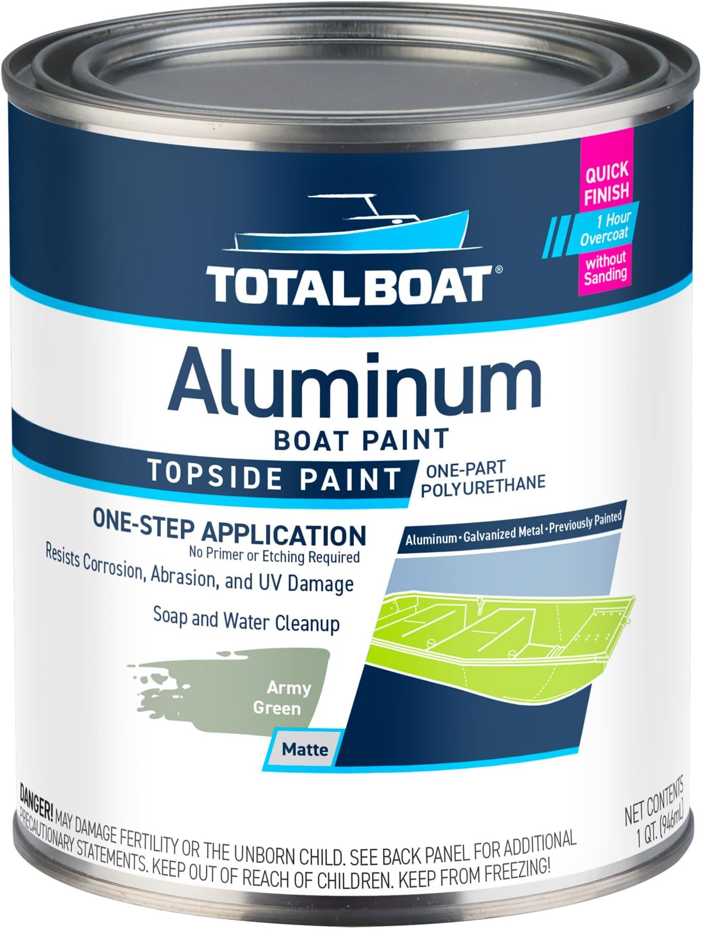 TotalBoat Aluminum Boat Paint | Durable, Fast-Drying Marine Paint for Canoes, Jon Boats, Dinghies, Pontoons, Hunting Blinds, and Trailers | Army Green, Quart