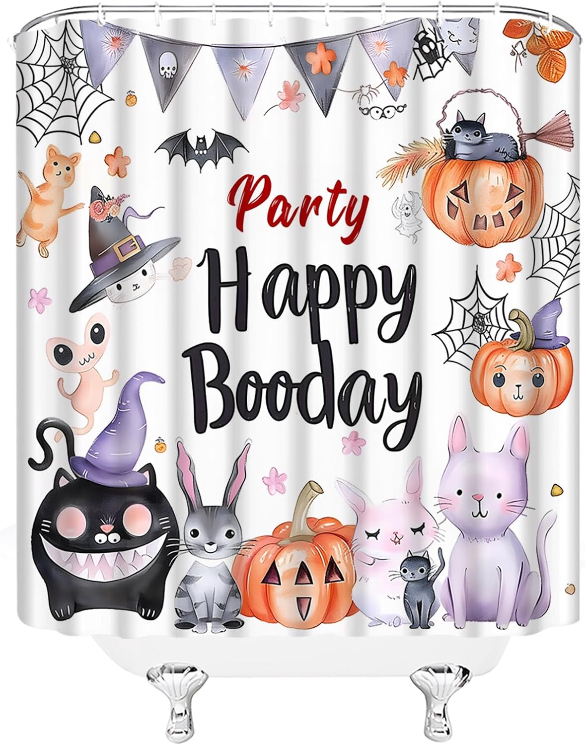 Halloween Shower Curtain Cute Ghost Bat Pumpkin Funny Party Spooky Magic Hat Horror Cartoon Cat Animal Boys Girls Fabric Bathroom Decor Set with Hooks(84" Wx70 H)