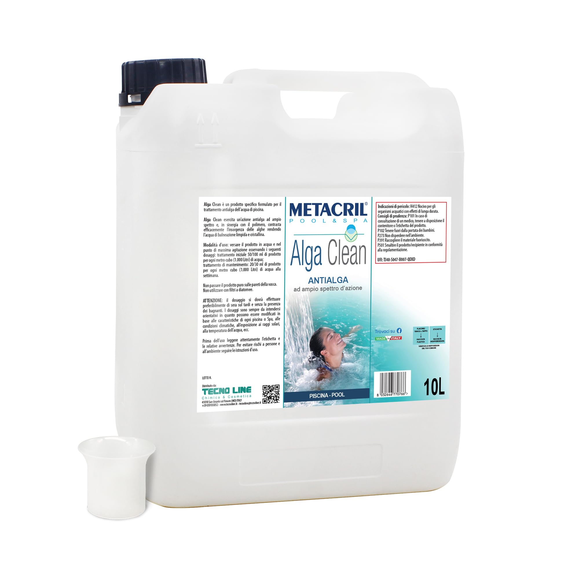 Metacril Alga Clean + Dosatore, Elimina le Alghe, Azione Schiarente - 10 LT | Non schiumogeno, Concentrato, per Piscina