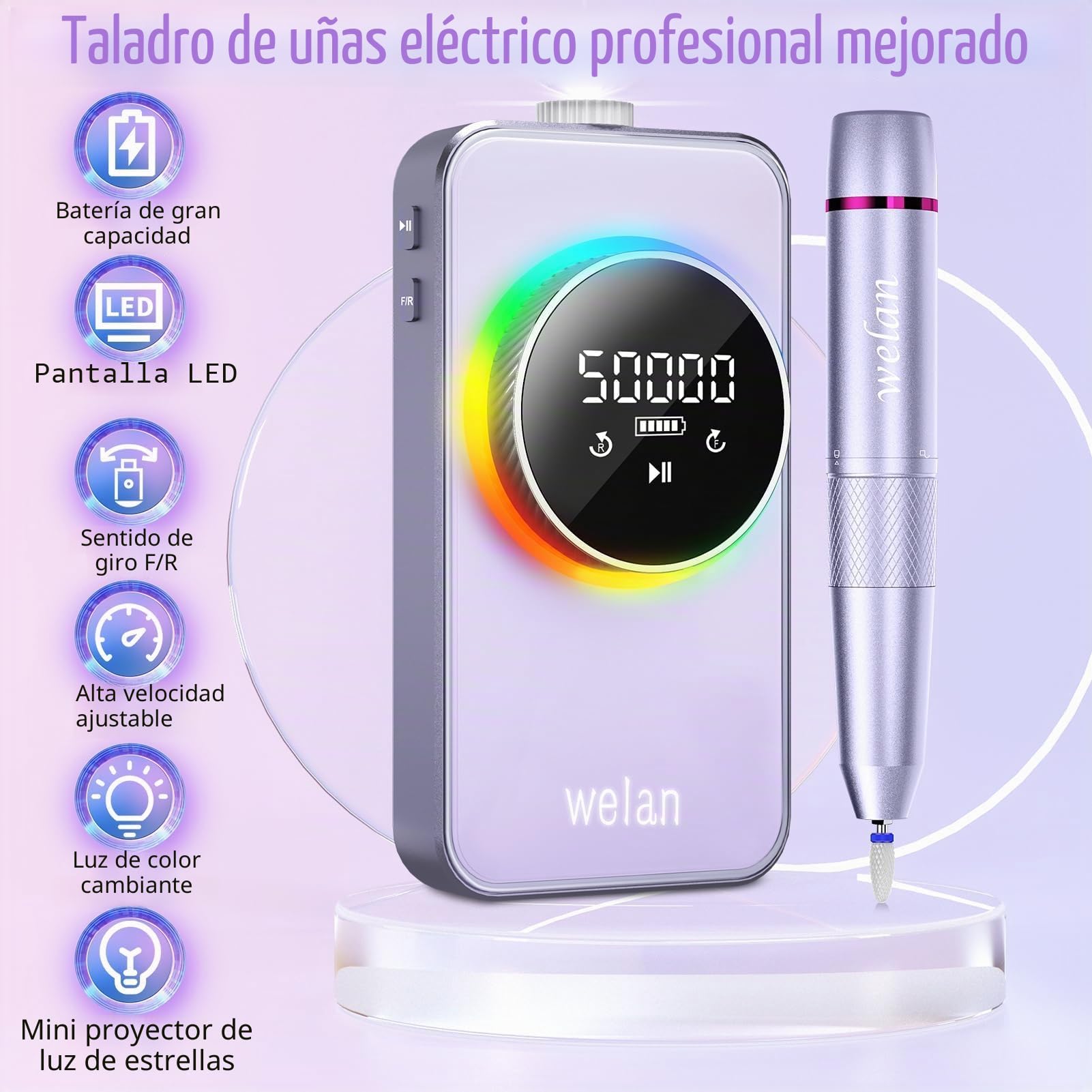 Taladro eléctrico para uñas profesional de 50000RPM, taladro eléctrico de eliminación rápida, taladro de uñas portátil recargable de 6000mAh para uñas acrílicas y de gel, pulido para manicura