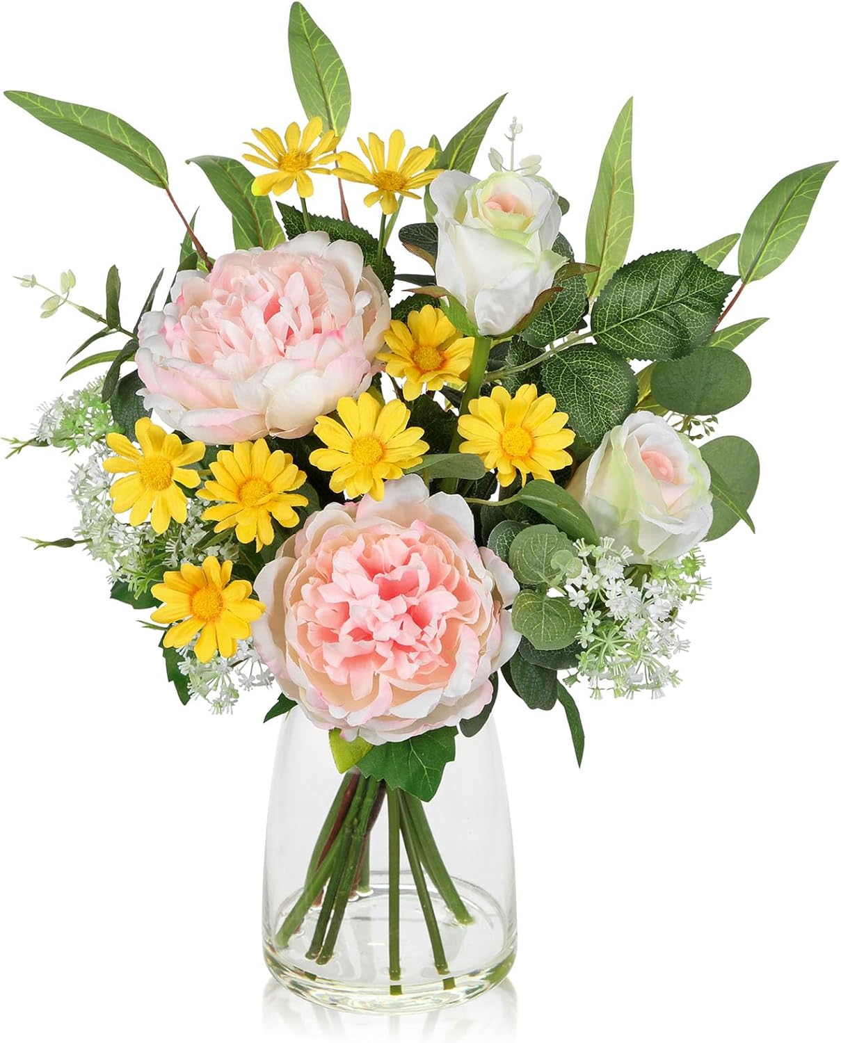 Briful Artificial Flowers in Vase, Mixed White Rose Pink Peony Yellow Daisy and Greenery Leaf Floral Arrangements, Fake Flowers in Glass Vase with Faux Water, Home Wedding Patio Centerpiece Decor