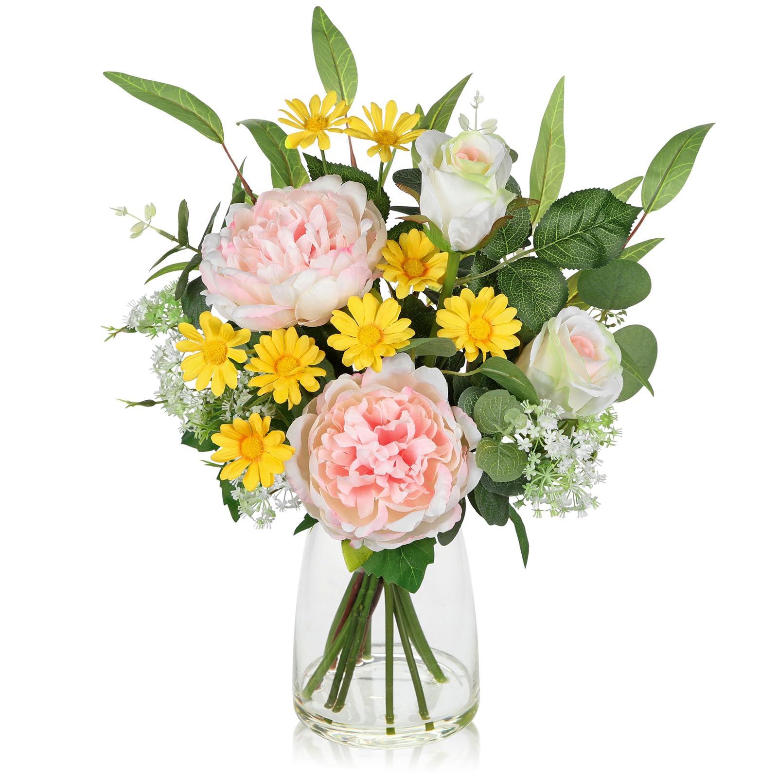 Arborus Artificial Flowers with Glass Vase 40cm Mixed Artificial White Rose Pink Peony Yellow Daisy and Greenery Floral Arrangements Fake Silk Flowers for Table Centrepiece Home Kitchen Decor