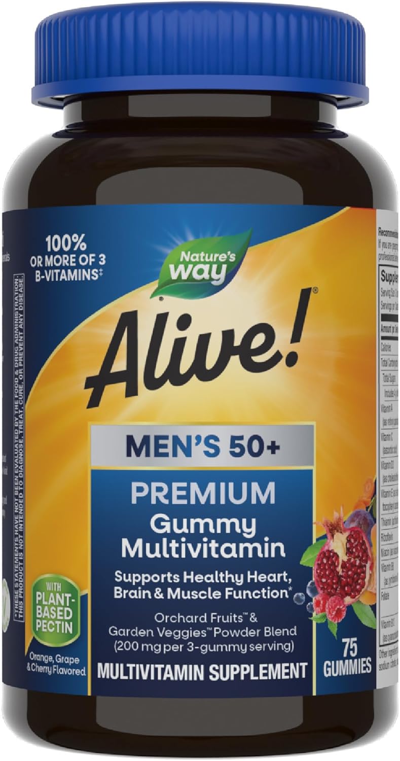 Nature’s Way Alive! Men’s 50+ Premium Gummy Multivitamin, Supports Healthy Heart, Brain & Muscle Function*, B-Vitamins, Vegetarian, Grape, Orange and Cherry Flavored, 75 Gummies Nature’s Way Alive! Men’s 50+ Premium Gummy Multivitamin, Supports Healthy Heart, Brain & Muscle Function*, B-Vitamins, Vegetarian, Grape, Orange and Cherry Flavored, 75 Gummies