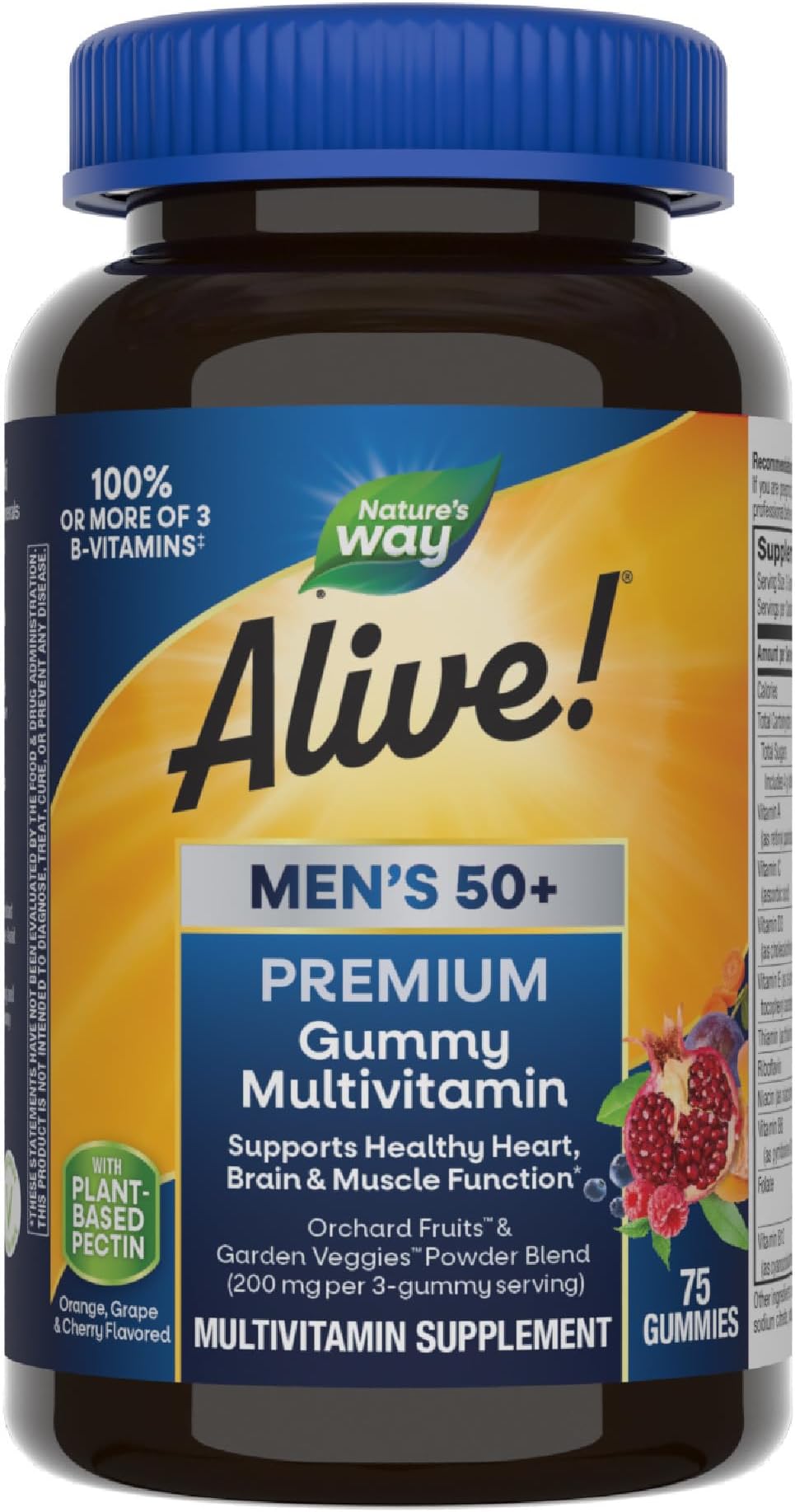 Nature’s Way Alive! Men’s 50 Plus Premium Gummy Multivitamin, Supports Healthy Heart, Brain & Muscle Function with High Potency B-Vitamins, Vitamin A, C, D3, & Selenium*, Fruit Flavored, 75 Gummies