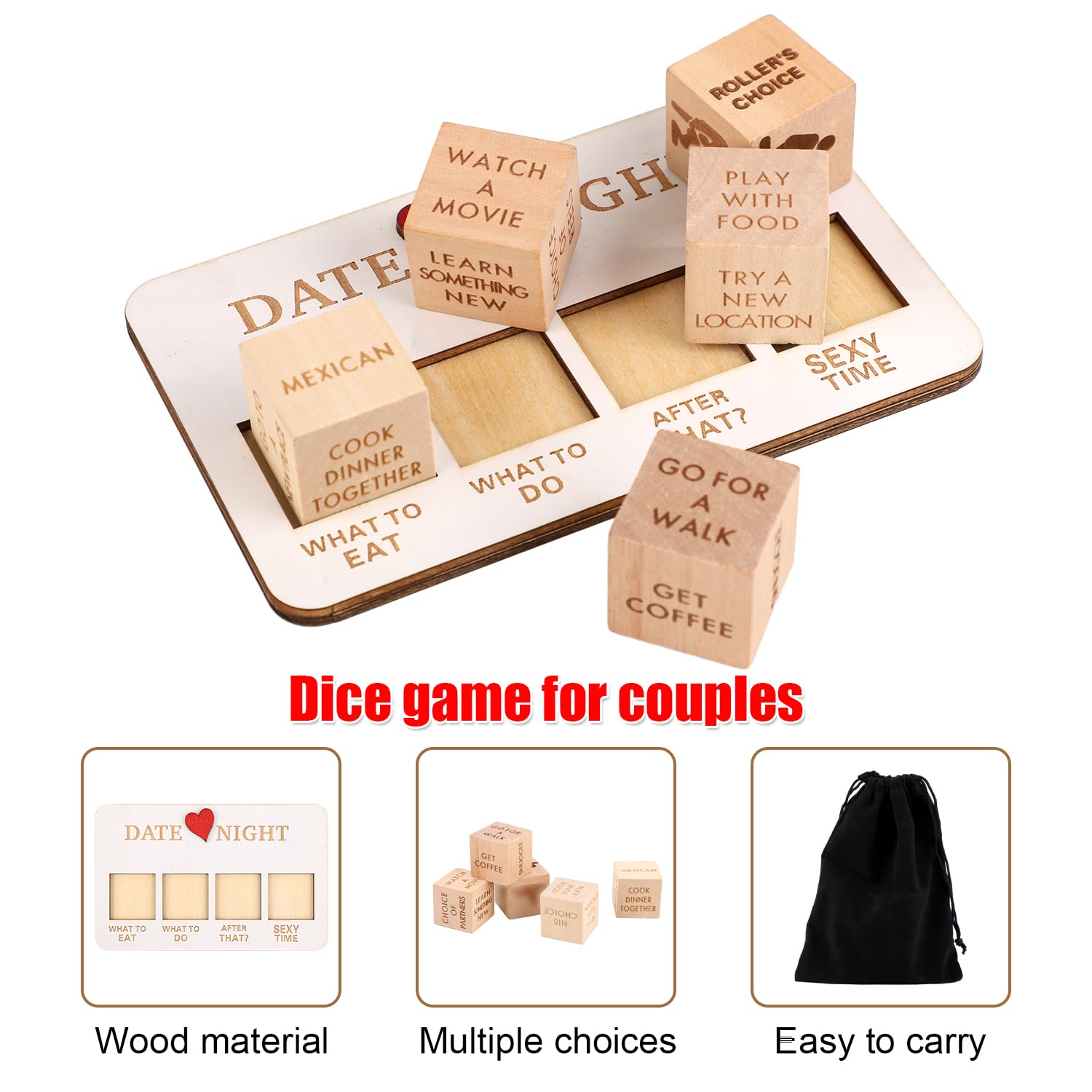 Dadi per appuntamenti notturni per coppie, in legno, edizione doposcuro, divertente gioco di dadi per San Valentino, anniversario, compleanno, con custodia