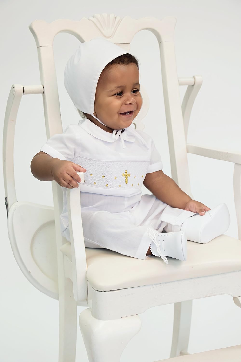 Carriage Boutique Baptism Outfits for Boys - Elegant Longall with Bonnet Featuring Hand Smocked Gold Cross Design