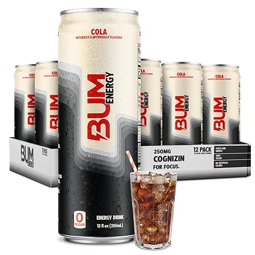 BUM Sugar-Free Energy Drink, Cola - Lightly Carbonated & No Artificial Colors, Natural Caffeine & Citicoline for Energy & Focus, Brain Boost & Workout Sports Beverage - 12 oz, Pack of 12