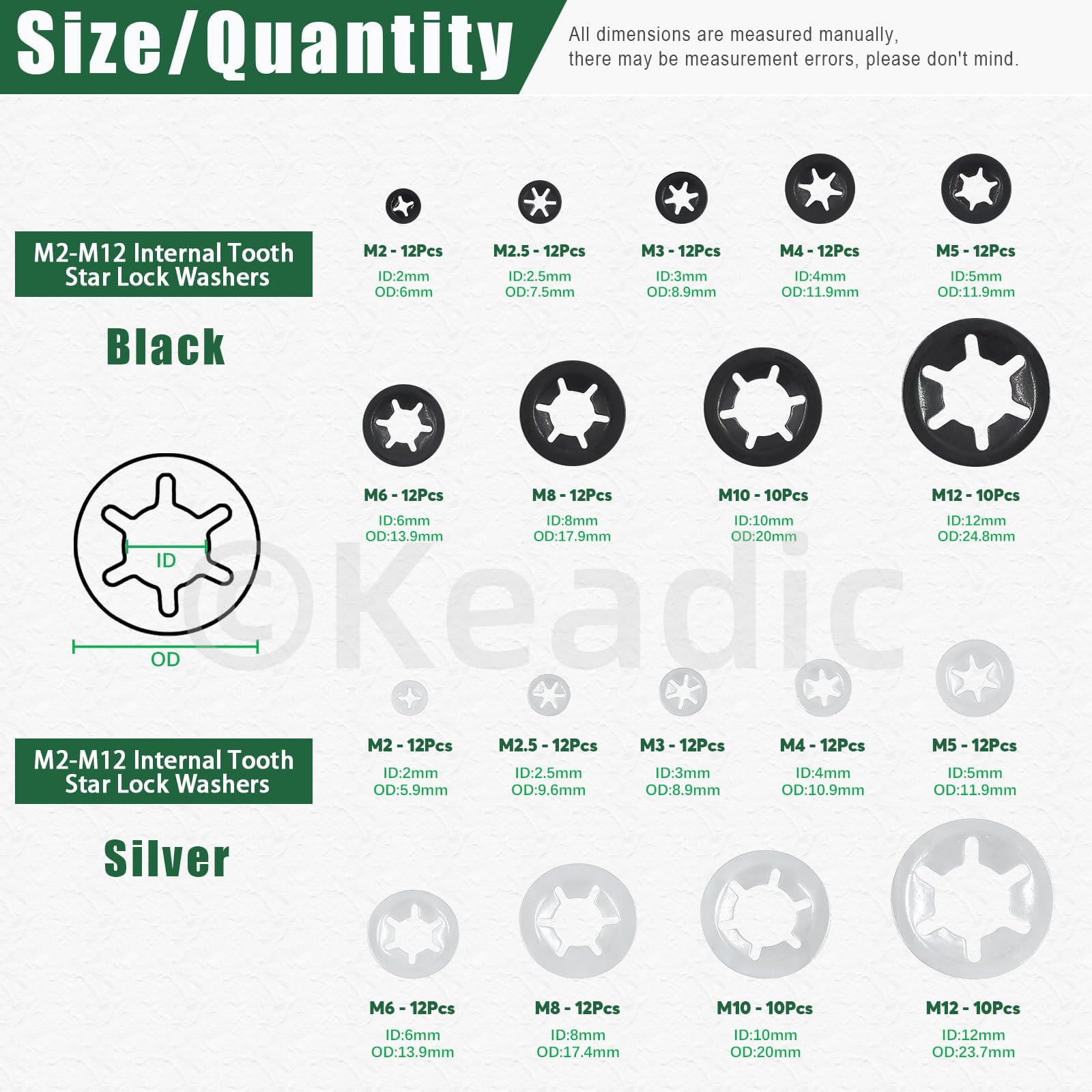 Keadic 208Pcs M2 M2.5 M3 M4 M5 M6 M8 M10 M12 Internal Tooth Star lock Washers Assortment Set - Image 2