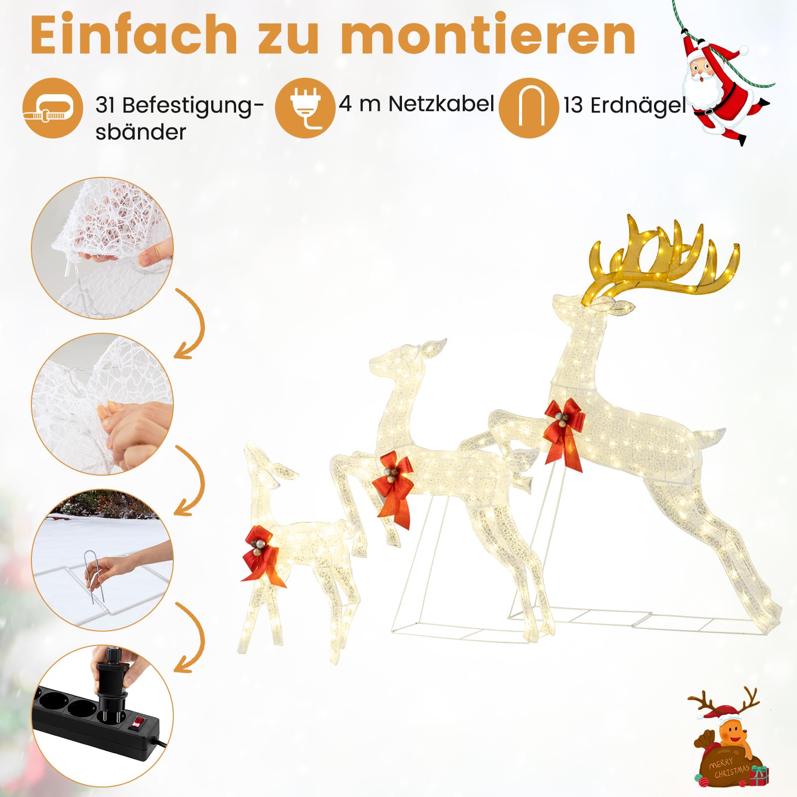 COSTWAY 3 teiliges LED Rentier Familie groß, beleuchtete Weihnachtsdeko XXL, Weihnachtsfigur mit 330 warmweißen Lichtern & Schleifen, Weihnachtsbeleuchtung, Weihnachtsdekoration für Außen & Innen
