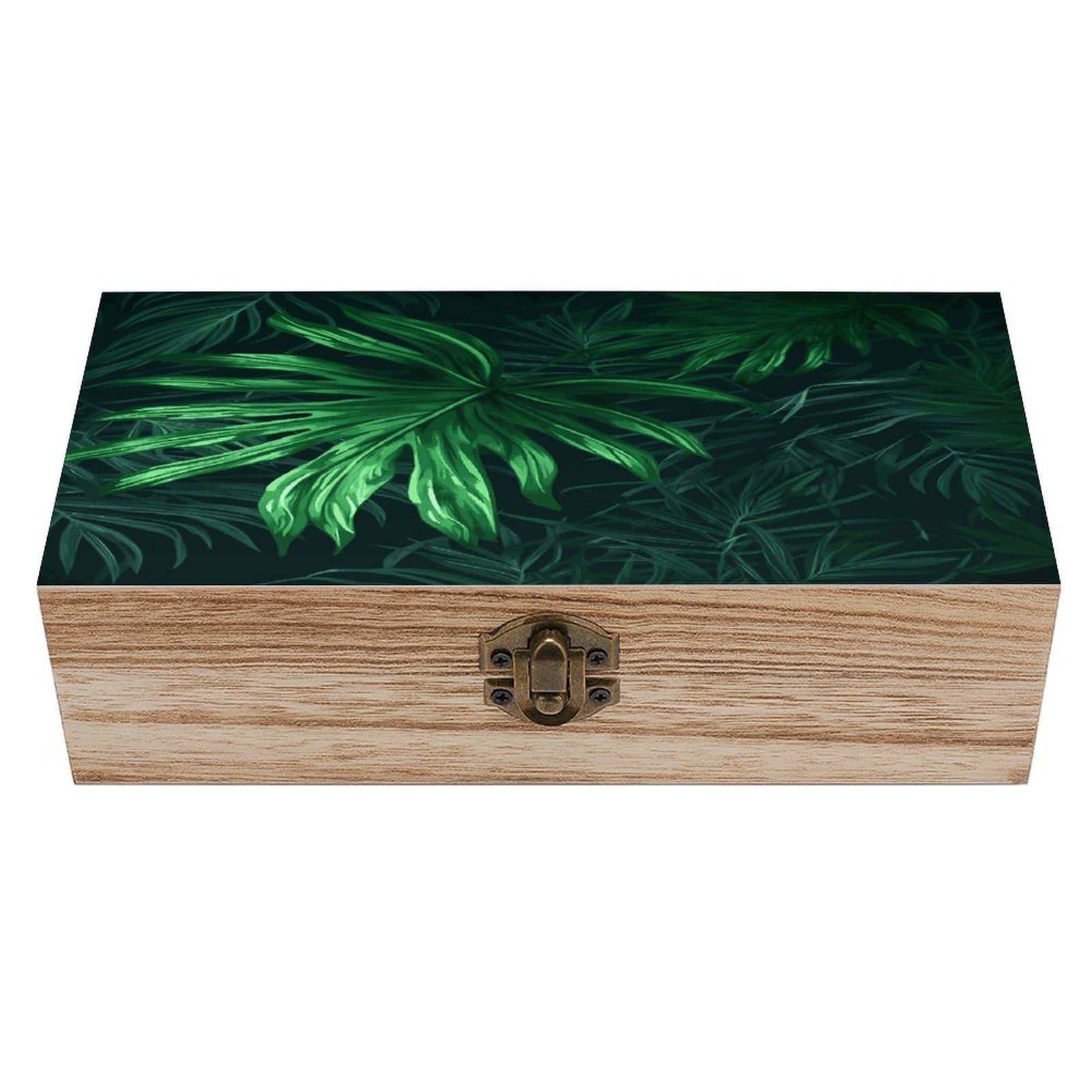 Btcowzrv Style Green Tropical Jungle Plant Wooden Storage Box, Keepsake Box With Hinged And Retro Lock, Wood Jewelry Organizer For Photos & Mementos And Home Decor