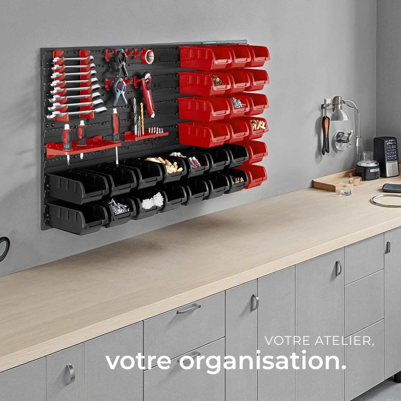 TecTake® Étagère Murale modulable 28 Boîtes de Rangement empilables & Crochets Meuble de Rangement Rangement Atelier Garage Rangement Mural de visserie & Clous Organisation du Garage
