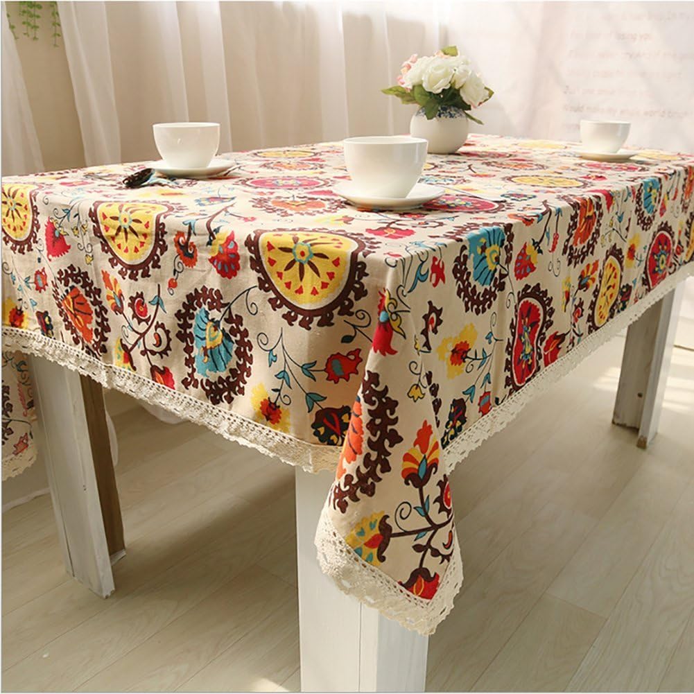 Table Cover, Lemon Hour Rectangle Dining Room Modern Tablecloth with Cotton Linen Lace, Sun Flower Boho Style Dust-proof Table Cloth for Kitchen Living Party Decorative, 140 x 200 Cm/ 55 x 79 Inch
