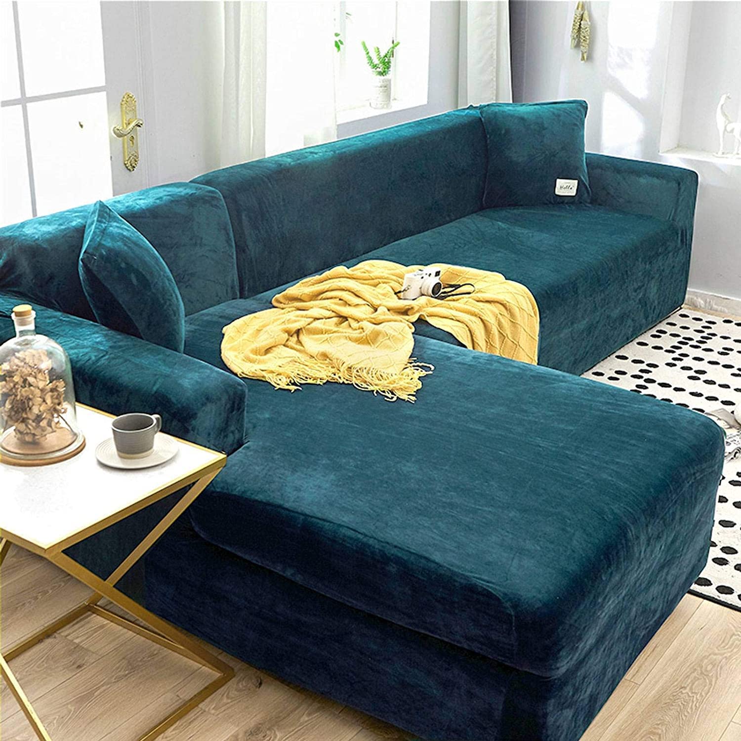 MGEMJMJ Pure Color Elasticity Sofa Cover Velvet Covers,Sofa Cover,Sofa Protector With Elastic Bottom Strap(Size:3 Seater(190-230cm),Color:Lake Blue)