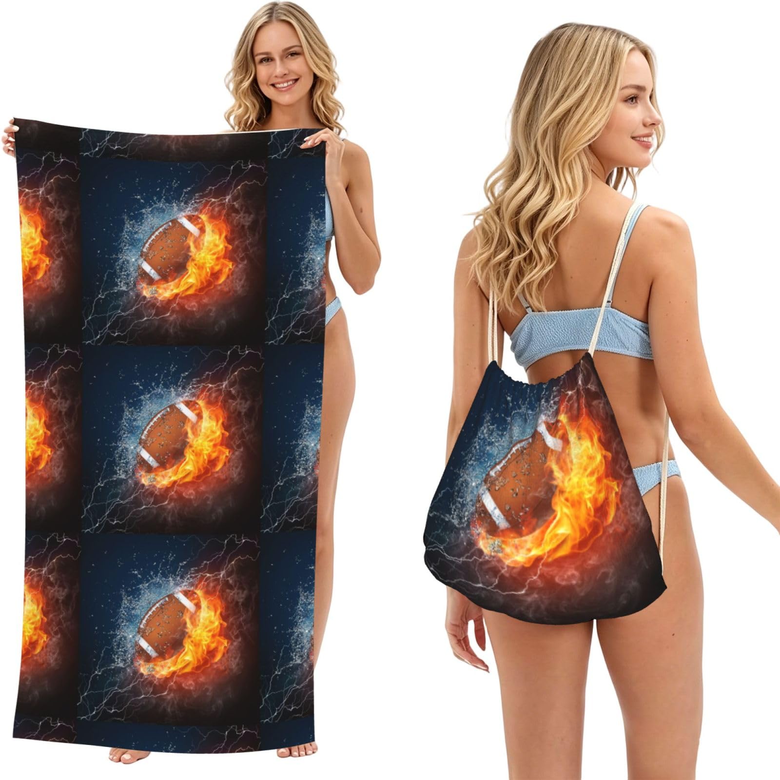 Poadnly As Picture Burning American Football In Fire, 2 In 1 Packable Towel Bag, Beach Towels With Drawstring Backpack For Travel Holiday Camping