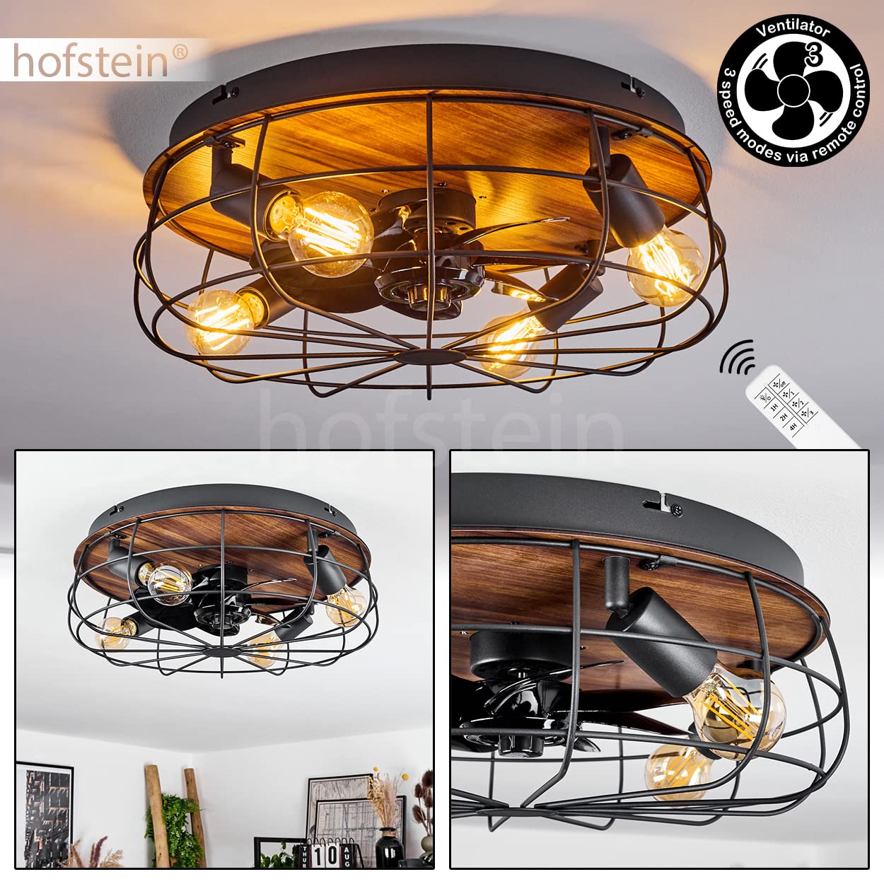 Ventilatore da soffitto Moscavide, ventilatore in metallo/plastica in nero/look legno/marrone con telecomando, plafoniera con spot orientabili, 4 x E27 IP20, senza lampadina/e