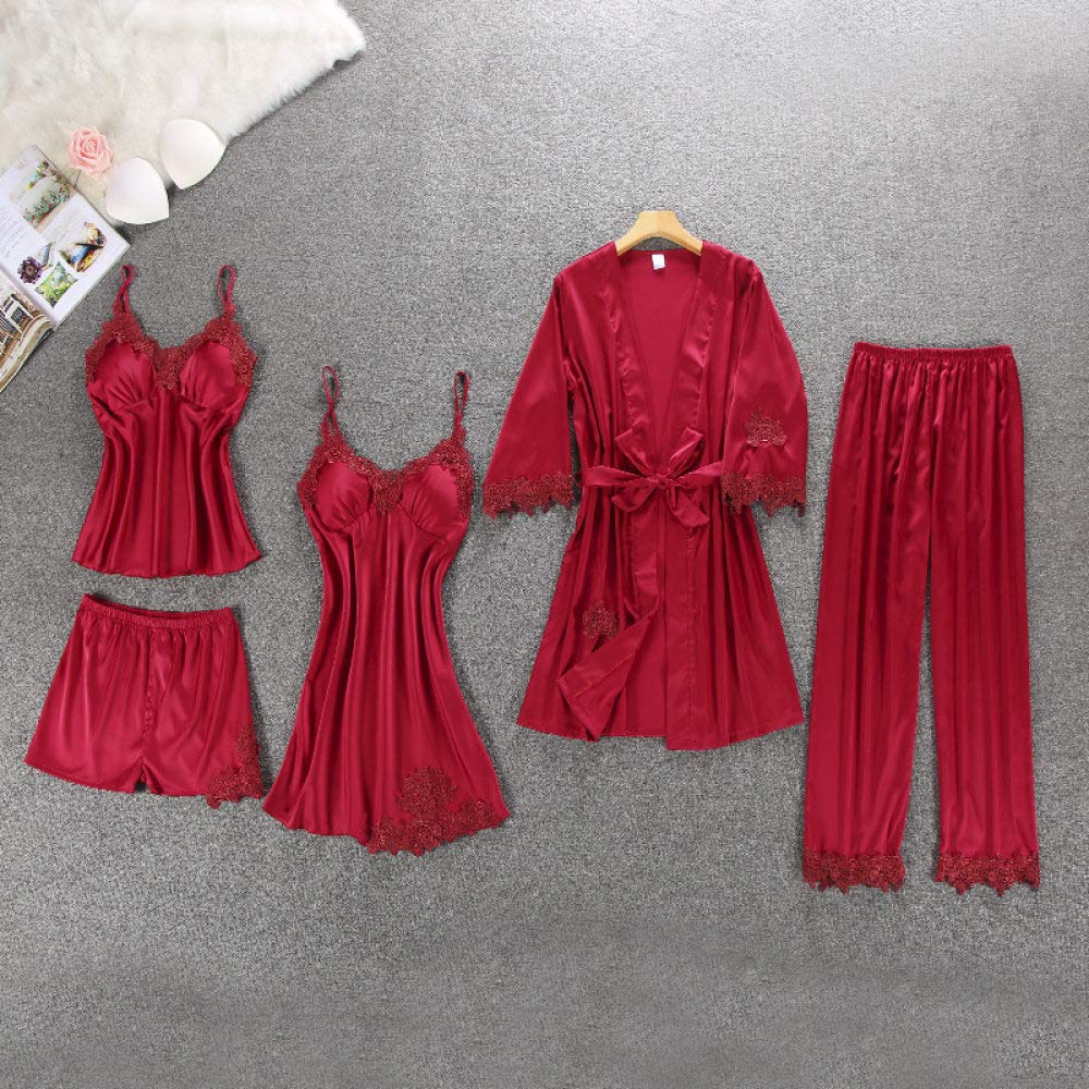 Pajamas Set Ladies,Home 5 Pcs with Pad Sexy Lace Pajamas Set Nightgown + Vest + Pants Set Lace Pijama for Women Red Fashion Casual Loose and Soft Plus Size Pajamas Set,Picture,L