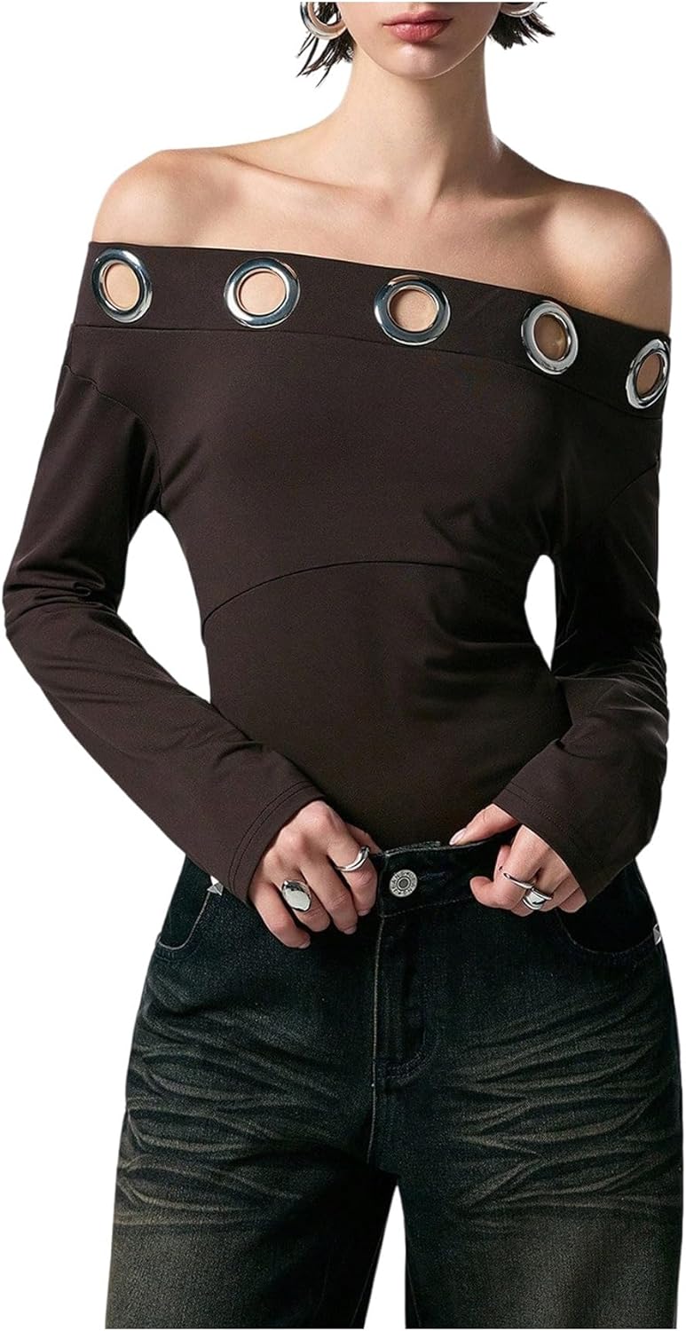 WDIRARA Women's Off The Shoulder Tops Grommet Eyelet Long Sleeve Tee Shirts Goth Punk Tops