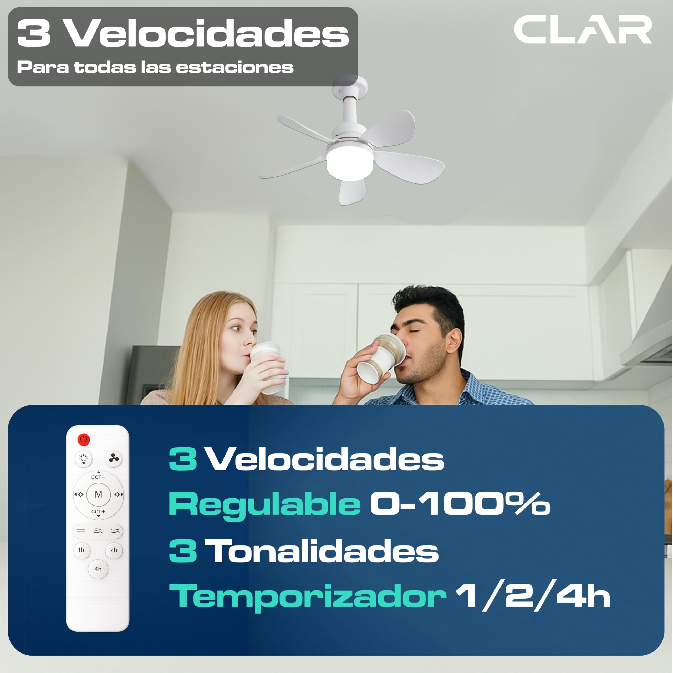 CLAR - Ventilador De Techo Con Luz, Ventilador Techo Habitación Pequeña, Ventilador De Techo Pequeño, Ceiling Fan With Light