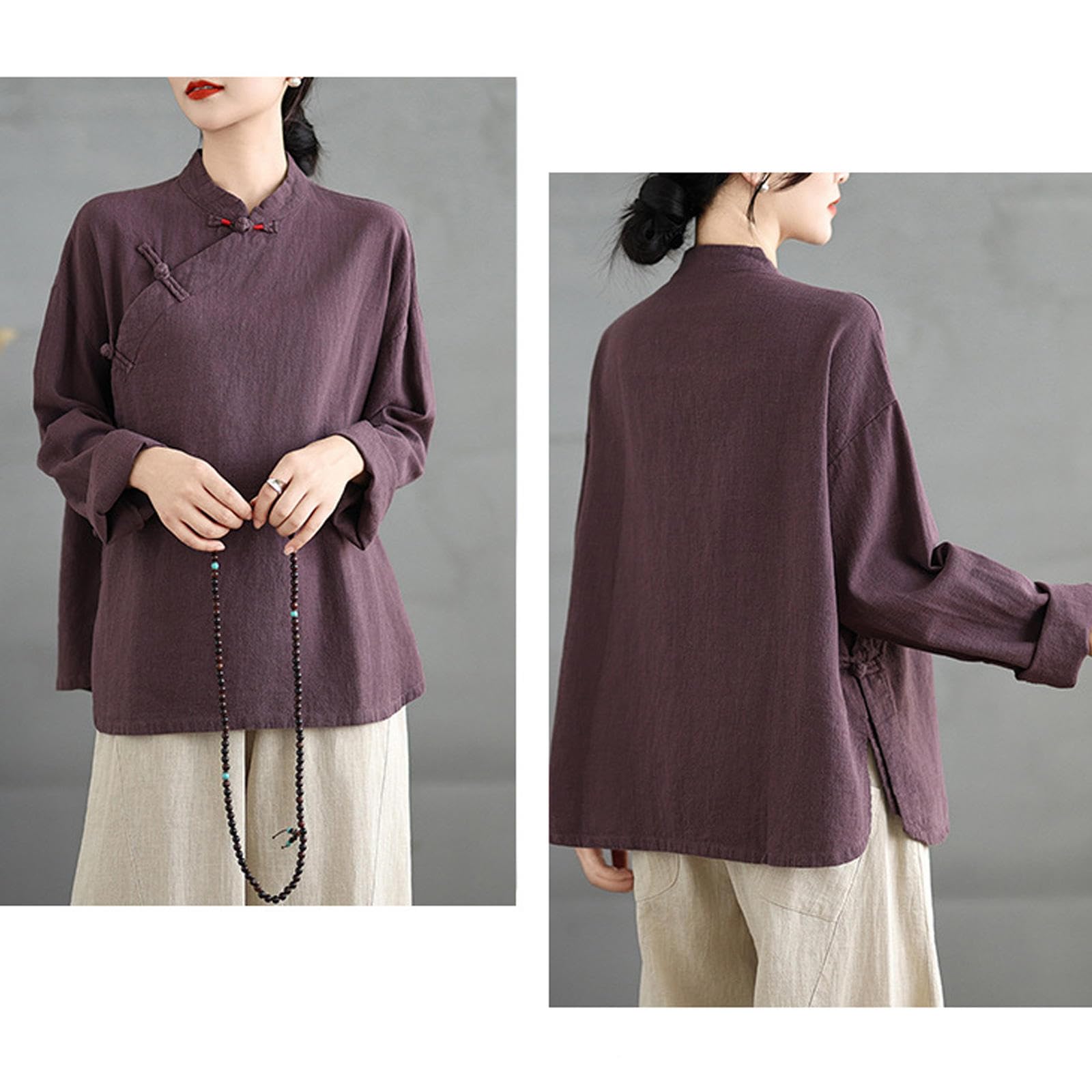 Damen Kung-Fu-Anzug aus Baumwolle und Leinen, Chinesische Kampfkunst-Uniform, Meditationsanzug, Langärmeliges Hemd und Hose,Purple-L