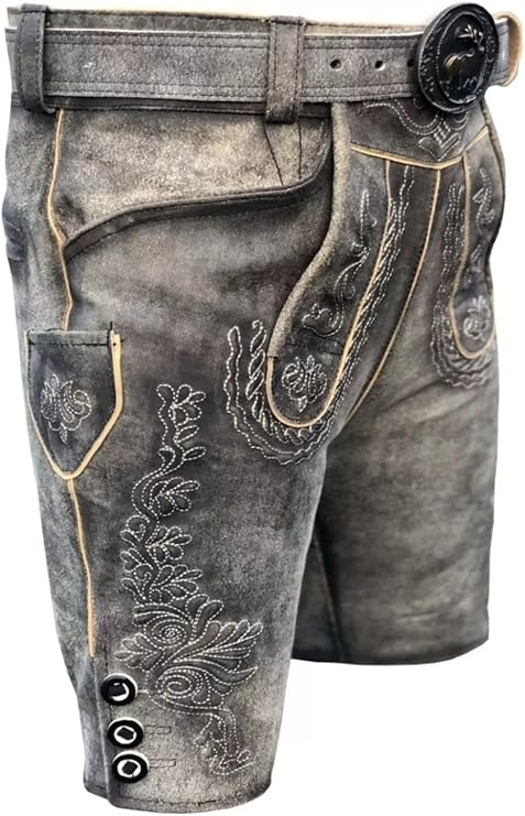 Traditionele lederhose Oktoberfest lederhose heren korte leren broek 100% wildbok leder antiek bruin lederen broek met riem Gr. 46-64, Antiek Bruin, 48 NL Kort
