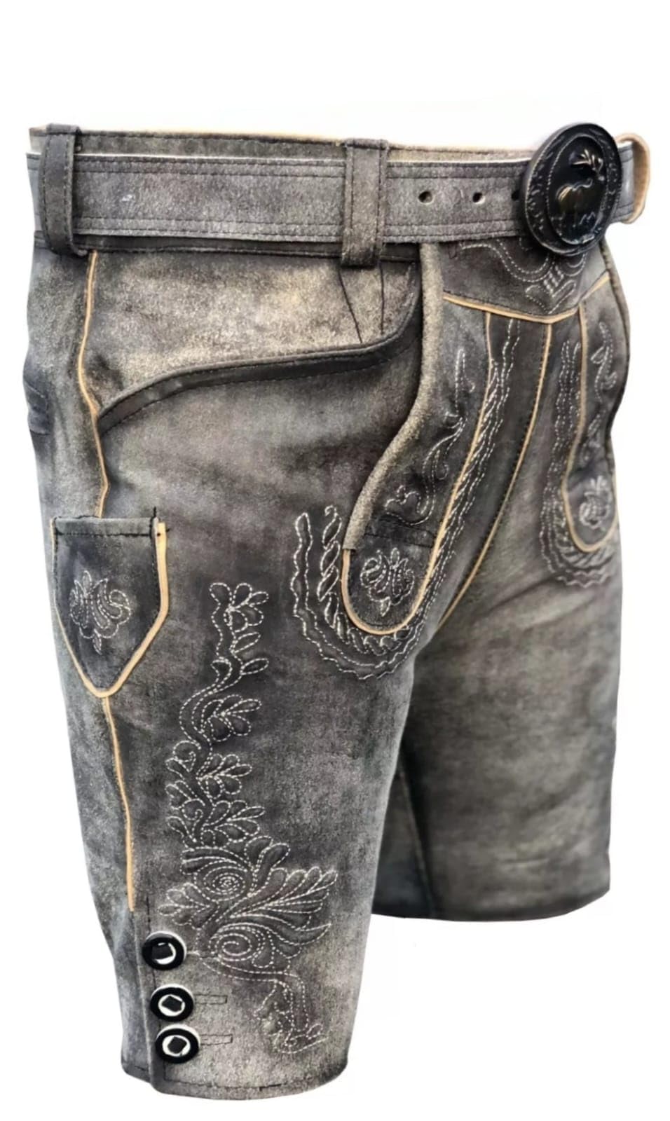 Trachten Lederhose Kurze Herren Lederhose Oktoberfest Lederhose mit Gürtel, Antik Smoke 46-58