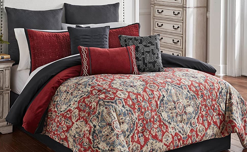 Riverbrook Home 100% Polyester Comforter Set, King, Sadler - Red/Gray, 10 Piece Set