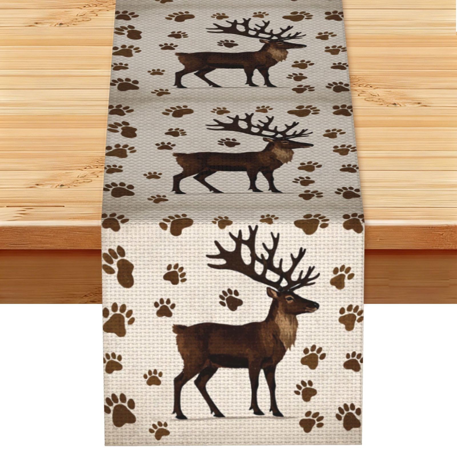 Vintage Brown Reindeer Animal Footprints Table Runner 13 x 72 Inches Long, Cotton Linen Table Runners for Kitchen Dining Table Decoration - Washable Tablecloth Modern Tablerunner for Home Party Decor