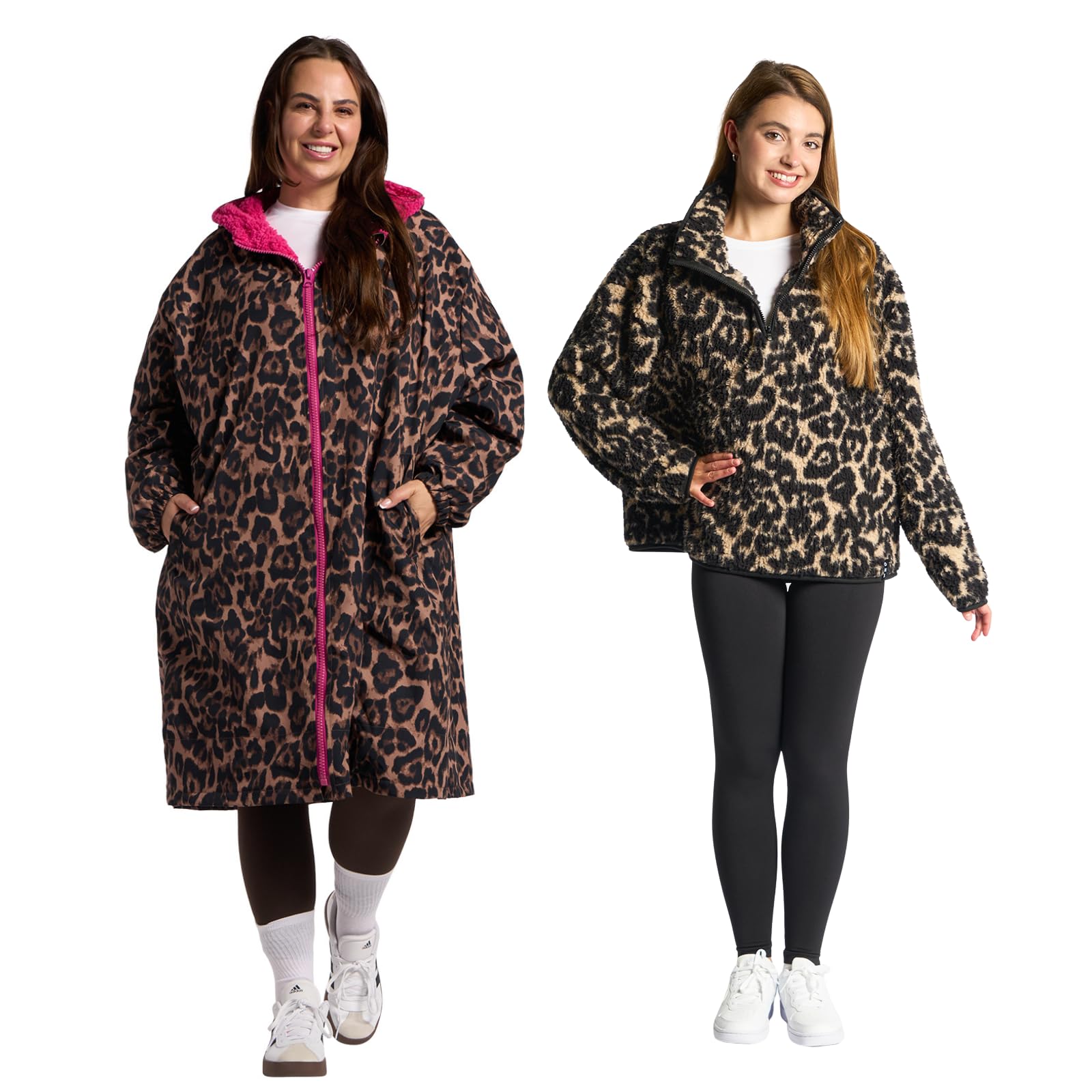 OHS Women's 2 Piece Leopard Print Changing Robe & Half-Zip Teddy Fleece Set - Brown - L/XL