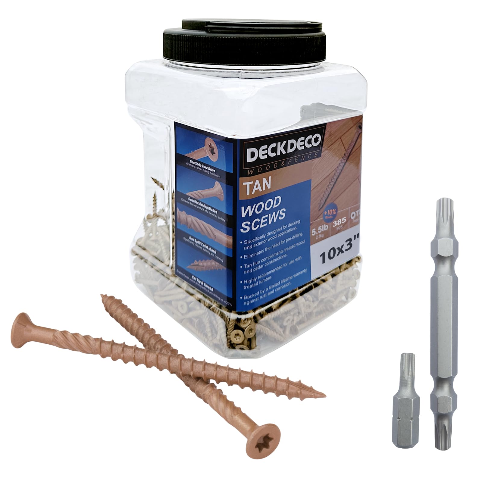 DECK DECO Wood Screws #10 x 3 372pcs(Approx), Tan Ruspert Coating Exterior Deck Screws, Torx/Star Drive Flat Head,Twist Shank, Cut Tip/Thread, Bit